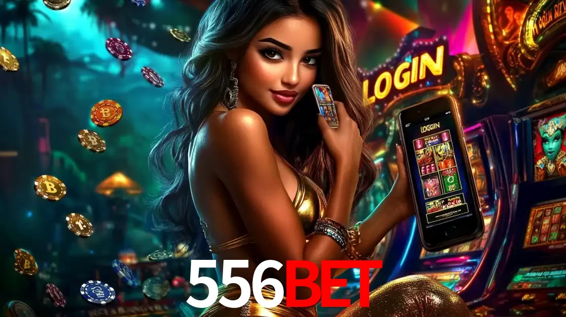 Mulher em um cenário de cassino temático de aventura, mostrando o app de caça-níqueis da 556bet no celular. Fichas de apostas flutuam ao redor.